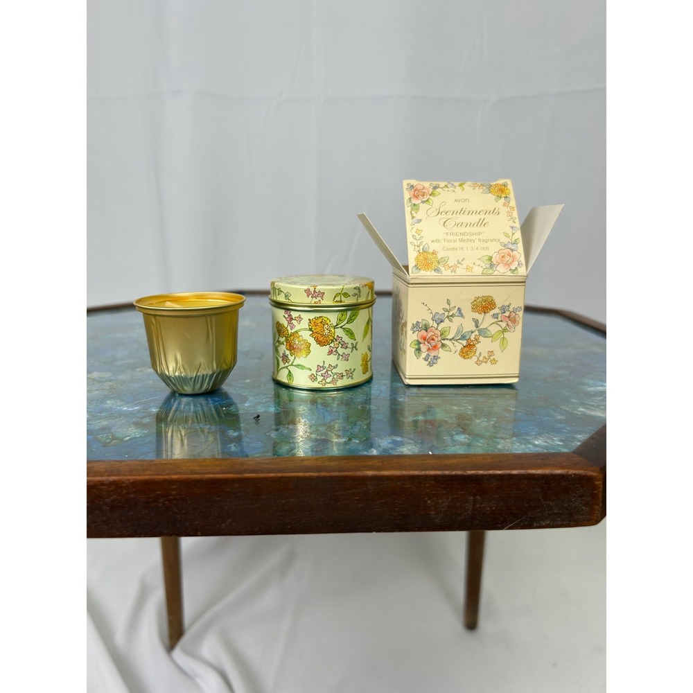 Vintage Avon Scentiments Friendship Candle Floral Medley Yellow Tin with Box